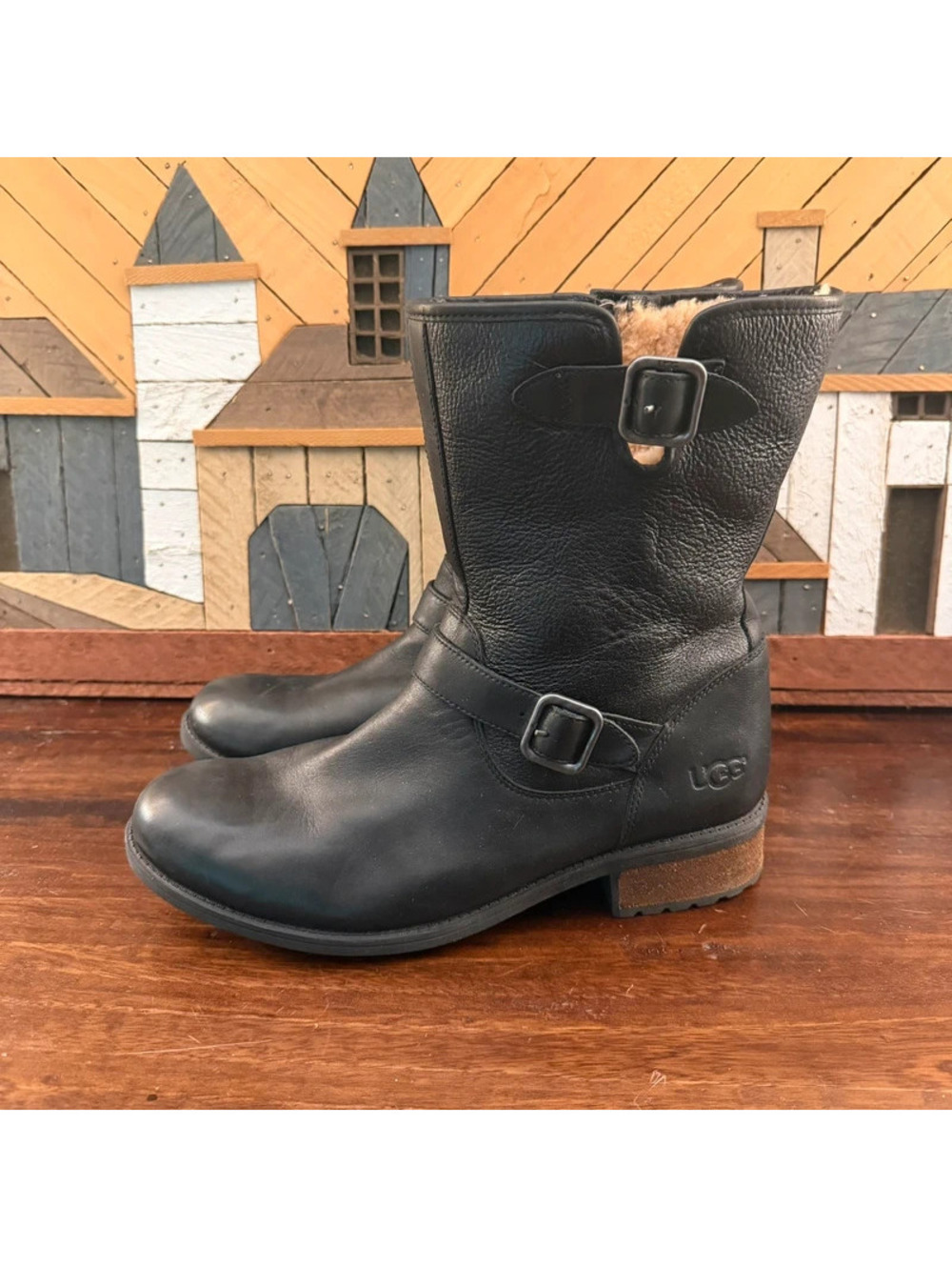UGG Chaney Women’s 12 Black Leather Shearling Lined Moto Combat Boots 1007748
